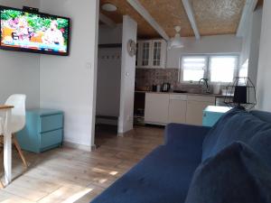 a living room with a blue couch and a tv on the wall at Przystań Arizona Ostróda in Ostróda +46 photos