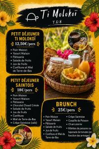 a menu for a restaurant with a basket of food at Kaz Robinson Cabane Perchee Vue Mer Vivez l aventure Robinson avec le confort d une vue imprenable sur les Caraibes in Terre-de-Bas