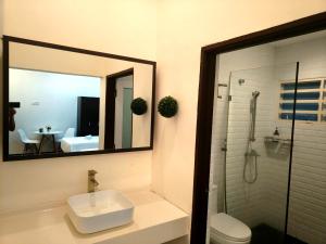 a bathroom with a sink and a toilet and a mirror at Windsor Lane Hostel Ipoh in Ipoh +9 photos