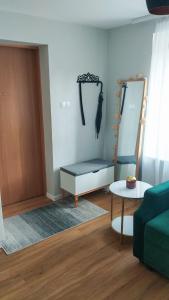 a living room with a mirror and a couch at Apartament Jeziorna in Debrzno