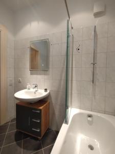 a bathroom with a sink and a tub and a shower at Apartment Zur Bauhütte, WLAN in Hohenstein-Ernstthal