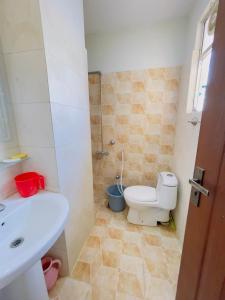 a bathroom with a toilet and a sink at Stay lux yellow in Islamabad