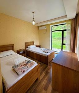 a hotel room with two beds and a window at Vardzia Hills in Gogasheni