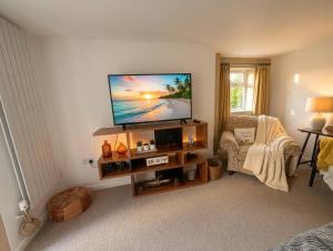 a living room with a flat screen tv and a chair at Living light in Dallington
