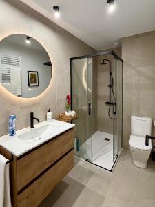 a bathroom with a shower and a sink and a toilet at Laros Pios Alojamiento 4 in Villalba +16 photos