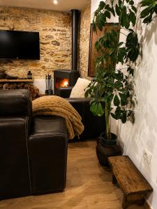 a living room with a couch and a fireplace at Casa dos Laia in Sobreira Formosa