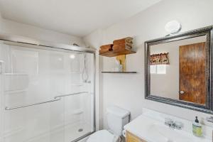 a bathroom with a shower and a toilet and a mirror at Hummingbird Retreat in South Fork +27 photos