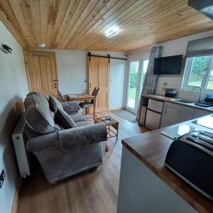 a living room with a couch and a kitchen at Dunroaming Cabin in Pendine