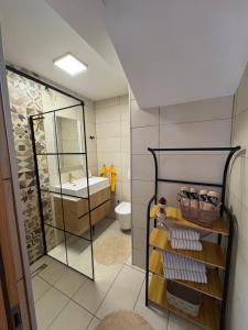 a bathroom with a sink and a toilet and a mirror at Apartmani Primorski kutak in Jadranovo +21 photos
