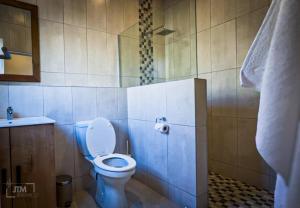 a bathroom with a blue toilet and a shower at Judith & Sylvester Hideaway in Victoria Falls +22 photos