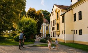 a man riding a bike and two children walking down a street at Hotel Casanova in Duchcov