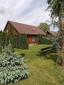 a house with a yard with trees and a building at Domki Helena Okuninka in Okuninka