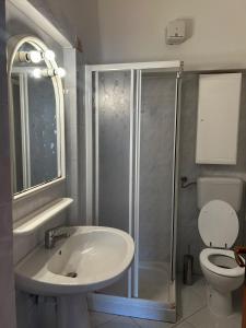 a bathroom with a shower and a sink and a toilet at Bastianina's home in Marciana Marina