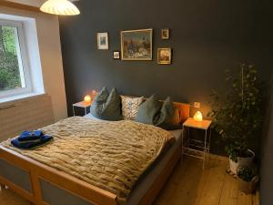 a bedroom with a bed and two tables with lamps at Rax Panorama Apartment in Arzbach