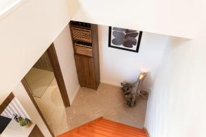 an overhead view of a hallway with a cat in a room at LA BRISA Duplex chaleureux in Hyères