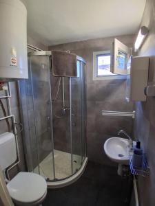 a bathroom with a shower and a toilet and a sink at Avas Apartman in Balatonberény +24 photos
