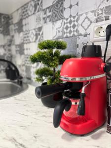 a red coffee pot sitting on a kitchen counter with a plant at Studio Yas Central Arad in Arad