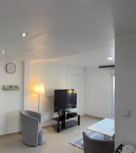 a living room with a flat screen tv and chairs at séjour en Alsace in Ingersheim