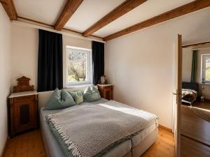 a bedroom with a bed with blue pillows on it at Rax Panorama Apartment in Arzbach