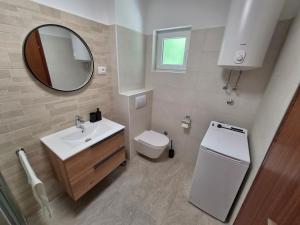 a bathroom with a sink and a toilet and a mirror at Sunset Zaglav Apartment in Martinšćica +22 photos