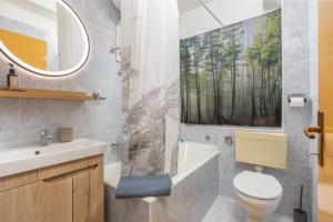 a bathroom with a toilet and a sink and a mirror at PINE&SHINE Waterfront in Podgora