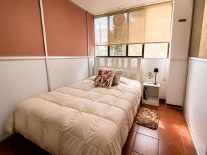 a bedroom with a large bed with a window at Mariachi House in Mexico City