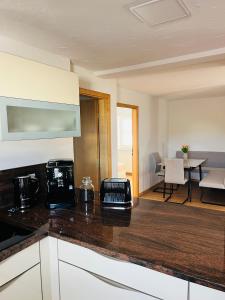 a kitchen with a counter top and a living room at Ferienhäuser Radebeul "Maisonette Klein Nizza" in Radebeul