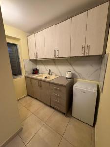 a kitchen with a sink and a refrigerator at Dina's Rooms Himara in Himare +18 photos
