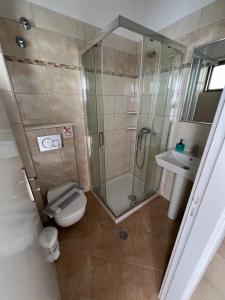 a bathroom with a shower and a toilet and a sink at Hotel Omirico in Gouvia