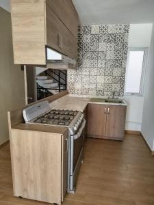 a kitchen with a stove and a counter top at Chepicche Inn in Oaxaca City