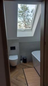 a bathroom with a toilet and a window at Dom nad jeziorem Serwy in Serwy +37 photos