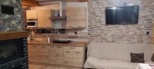 a kitchen with a television on a brick wall at Domki Żaklin in Berezka