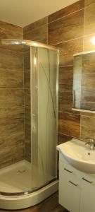 a bathroom with a shower and a sink at Domki Żaklin in Berezka +13 photos