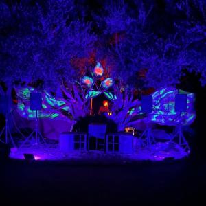 a stage with chairs and lights in the dark at Camping Shpella e Pirateve in Lukovë +22 photos