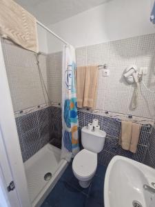 a bathroom with a toilet and a shower and a sink at Hostal Maxorata in Morro del Jable