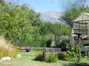 a garden with a glass house and mountains in the background at Almahue in Quebrada de los Pozos