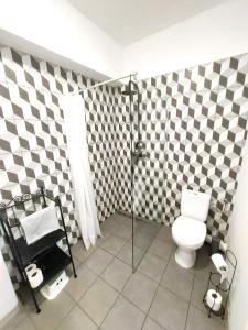 a bathroom with a toilet and a shower with checkered walls at Apartament Janka in Zator +8 photos