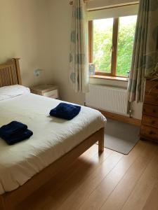 a bedroom with a bed with two blue towels on it at Clifden townhouse in Clifden