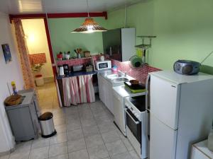 a kitchen with a white refrigerator and a sink at Nid du Lagon in Sainte-Anne