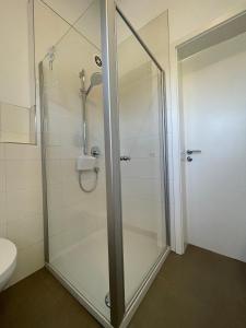 a glass shower in a bathroom with a toilet at Ferienwohnung Hoherting in Prien am Chiemsee +7 photos