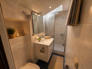 a bathroom with a toilet and a shower and a sink at Ferienwohnung Bischofshäusl in Berchtesgaden +12 photos