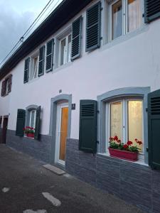 a white building with green shutters and flowers in windows at Romantic house by the River in Pfaffenhoffen