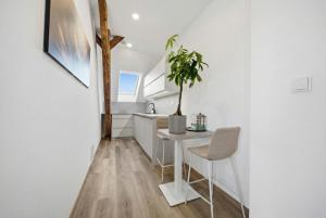 a small kitchen with a table and a potted plant at Blatenský dvůr in Pardubice +22 photos