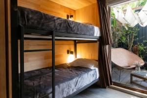 ein Etagenbett in einem Zimmer mit Fenster in der Unterkunft La Selva Hostel in Mexiko-Stadt