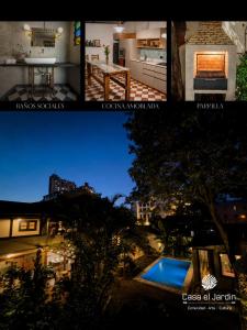 two pictures of a house and a pool at night at Casa El Jardín Centro Histórico in Asunción