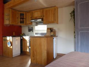 a kitchen with wooden cabinets and a white refrigerator at La Baumo 1 und 2 in Le Beaucet