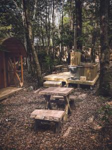 a picnic table and a grill in a forest at Lodge Domos Awen in Pucón +20 photos