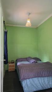 a bedroom with a bed and a green wall at Villa Arkhazio in Megamendung +12 photos