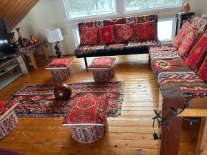 a living room with a couch and red pillows at DREAM LAND Lake Front CHALET, HOT TUB in Huntingdon