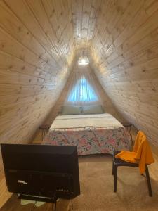 a bedroom with a bed and a tv in a tunnel at Helena Suites Alpina in Villarrica